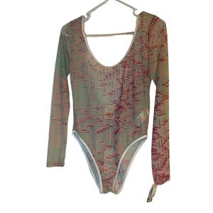 Esteban Cortazar Mesh Gray Pink Abstract Long Sleeve Womens Bodysuit Top Size L
